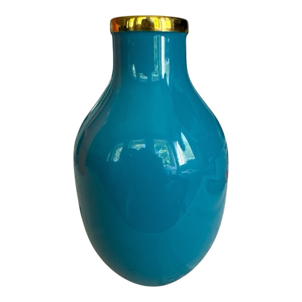 Glitterville Rainbow Enamel Vase Turquoise Teal Gold Rim Stephen Brown Large 5.5